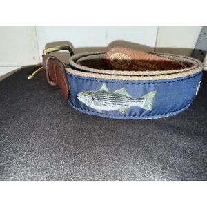 Leather Man LTD Canvas Saltwater Fish Belt Tan/Blue Mens 34 USA Brass